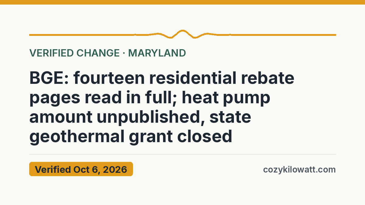 BGE: fourteen residential rebate pages read in full; heat pump amount unpublished, state geothermal grant closed — verified October 6, 2026, CozyKilowatt