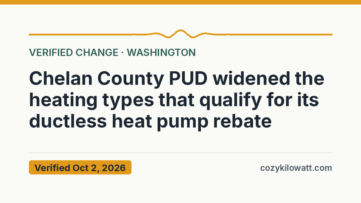 Chelan County PUD widened the heating types that qualify for its ductless heat pump rebate — verified October 2, 2026, CozyKilowatt