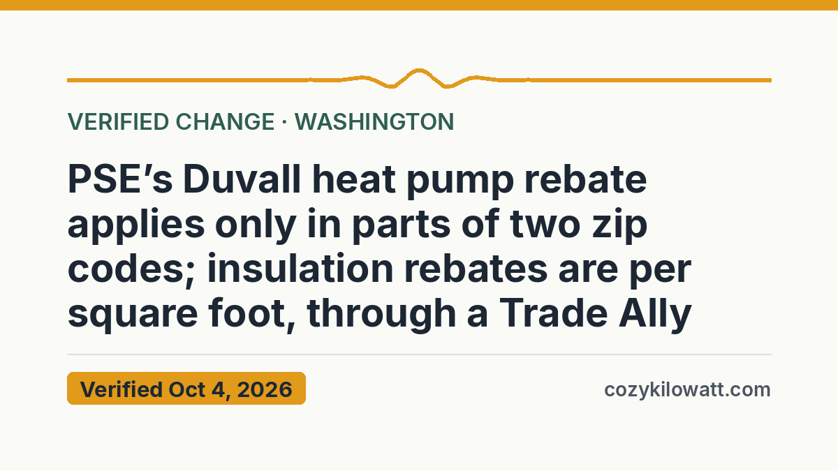 PSE’s Duvall heat pump rebate applies only in parts of two zip codes; insulation rebates are per square foot, through a Trade Ally — verified October 4, 2026, CozyKilowatt