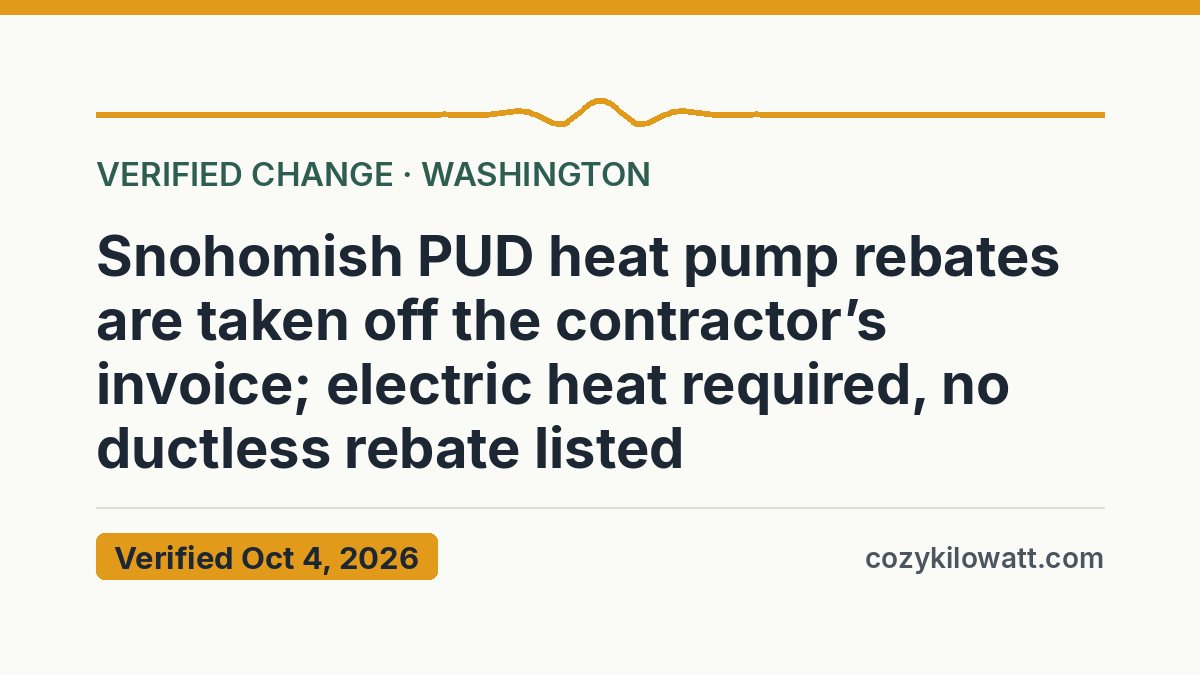 Snohomish PUD heat pump rebates are taken off the contractor’s invoice; electric heat required, no ductless rebate listed — verified October 4, 2026, CozyKilowatt
